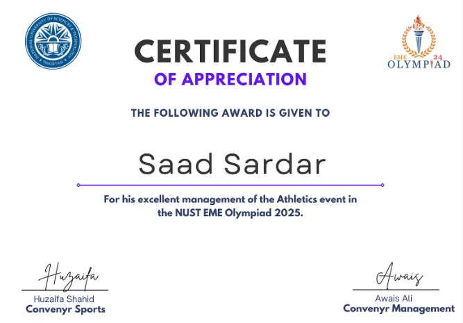 Certificate of appreciation for athletics lead at EME Olympiad